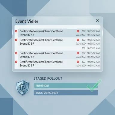 UI panel shows Event Viewer errors and a staged rollout status.