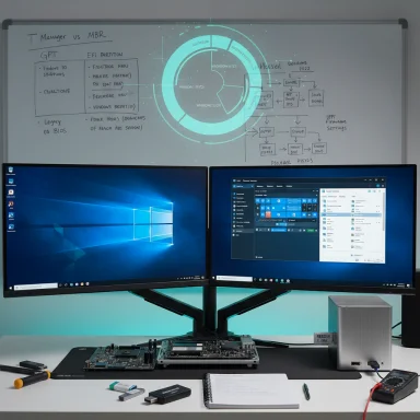 Tech workspace with dual monitors, exposed motherboard, and a whiteboard filled with diagrams.