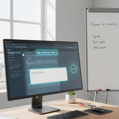 Modern desk with a large monitor showing Copilot draft and a whiteboard for a meeting.