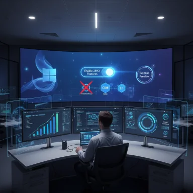 A technician monitors a futuristic control room with multiple screens and a curved wall display.