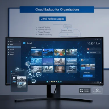 A computer monitor shows a cloud backup dashboard with tile cards, in front of a “Cloud Backup for Organizations” poster.