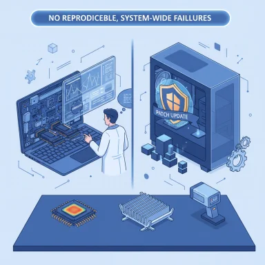 A scientist analyzes software on a laptop while a patch-update server guards against system-wide failures.
