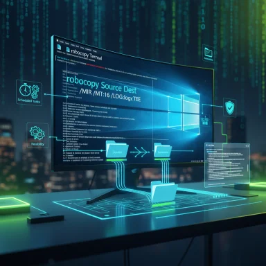 Futuristic workstation with holographic data flows around a Windows Robocopy terminal.