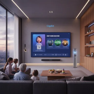 A family watches a Copilot-powered smart TV in a sleek, modern living room.