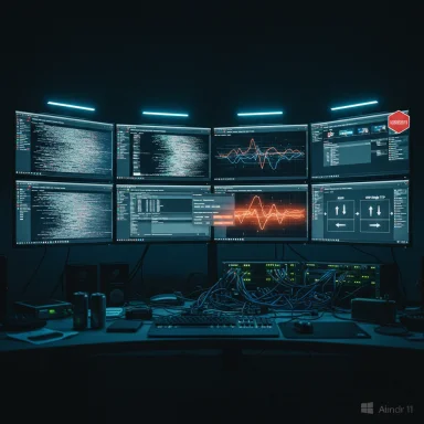 Multi-monitor workstation displaying code and graphs in a dim, cable-strewn data lab.