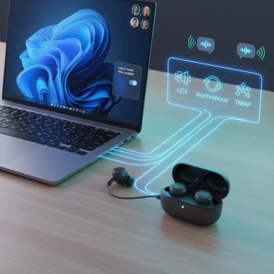 Laptop with wireless earbuds and a glowing holographic audio diagram showing LC3, Isochronous, TMAP.