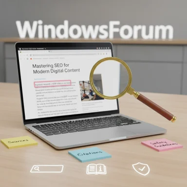 Laptop shows SEO article; magnifying glass highlights content on a desk with sources and citations. Laptop shows SEO article; magnifying glass highlights content on a desk with sources and citations.