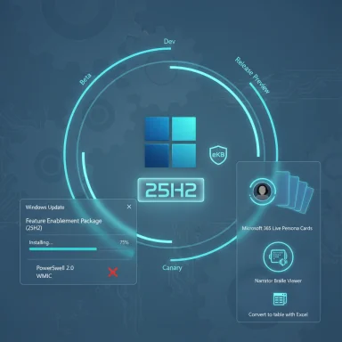 Futuristic Windows-style dashboard displaying update progress and application cards.
