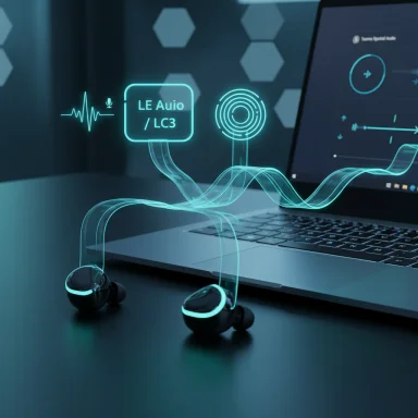 A neon holographic display reading “LE Audio / LC3” floats above wireless earbuds beside a laptop.