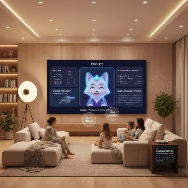 A modern living room with a large wall screen showing Copilot as a family watches.