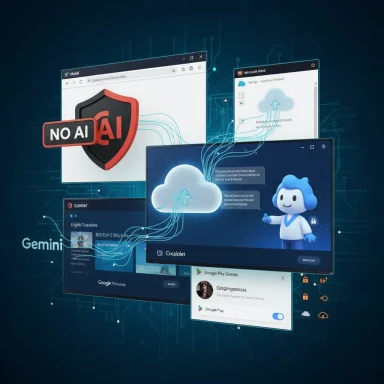 A futuristic collage of screens and cloud icons connected by neon data lines, with a bold “NO AI” shield.