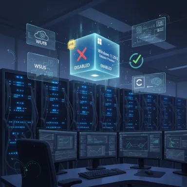 Futuristic data center with holographic dashboards and a glowing cube displaying Windows 11 enabled/disabled.