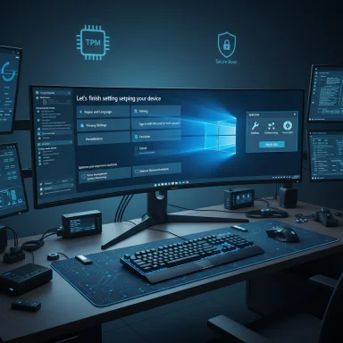 High-tech workstation with multiple screens displaying a blue UI and TPM/Secure Boot icons.
