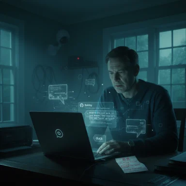 A man sits at a desk, typing on a laptop with holographic data floating in front.