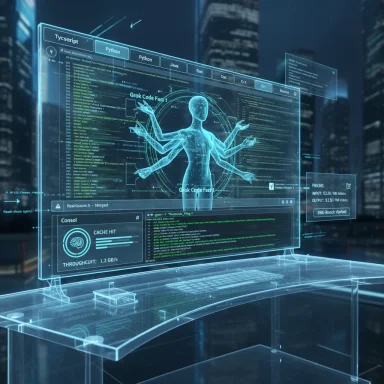 Blue holographic UI showing a multi-armed humanoid figure surrounded by streaming code.