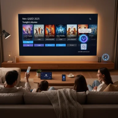 A family lounges on a sofa, watching a large wall-mounted TV displaying a movie menu.