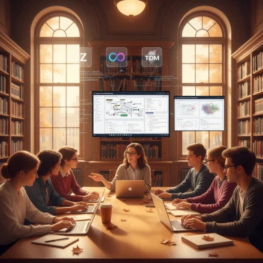 Group of students in a warm library collaborate around a table as an instructor leads a data-driven presentation on screens.