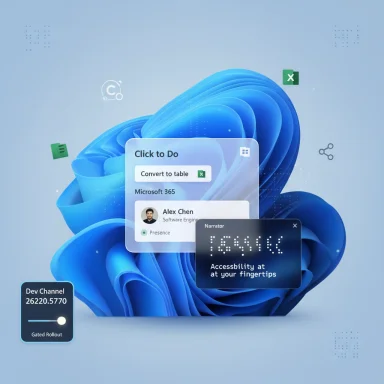 Windows-style UI with a floating “Click to Do” task card over a blue abstract background.