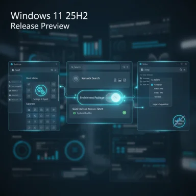 Futuristic Windows 11 25H2 Release Preview UI with AI features.