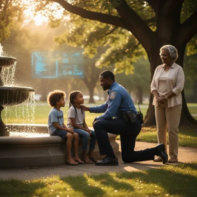 A police officer kneels to talk with two children by a fountain as an elder woman watches in a park.