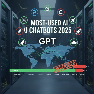 Infographic showing the 2025 most-used AI chatbots, led by GPT, over a world-map backdrop.