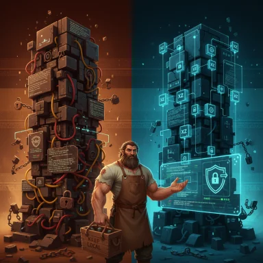 A bearded worker stands between two colossal data towers: local hardware on the left, holographic security on the right.