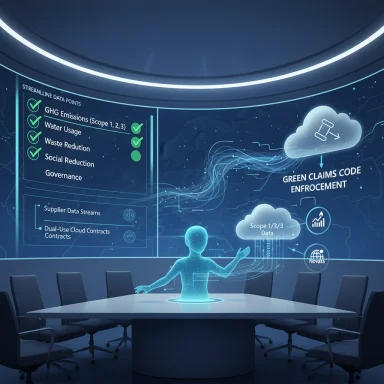 Futuristic conference room with holographic data panels and a translucent presenter.