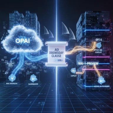 Neon sci-fi data hub: a scroll reads 'AGI DOOMSDAY CLAUSE' between a glowing OPAI cloud and futuristic servers.