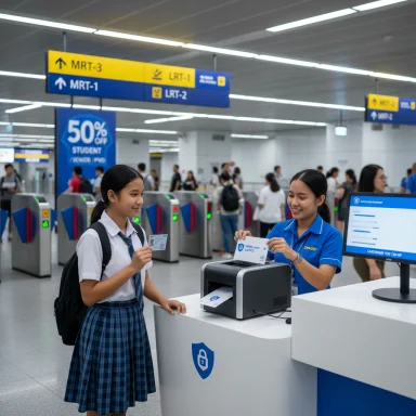 A student in uniform gets help at a service desk in a busy transit station.