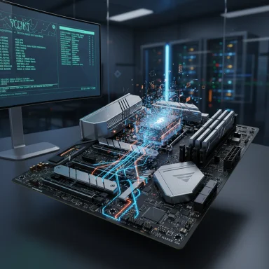 Futuristic motherboard channels neon data streams in a high-tech server room.