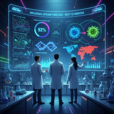 Researchers in a futuristic lab review the influenza forecast dashboard.