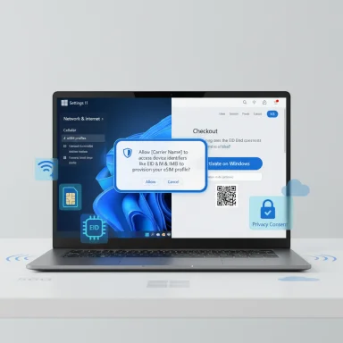 Laptop screen shows privacy-consent prompts, an eSIM provisioning dialog, and a QR code.