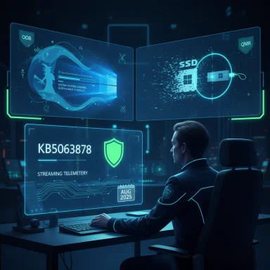 Futuristic security analyst monitors holographic screens displaying telemetry and a shield icon.