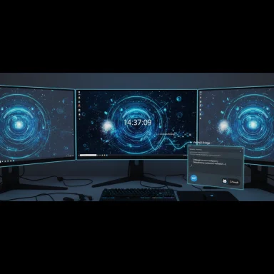 A three-monitor workstation showing blue sci‑fi vortex wallpapers with a floating app window.