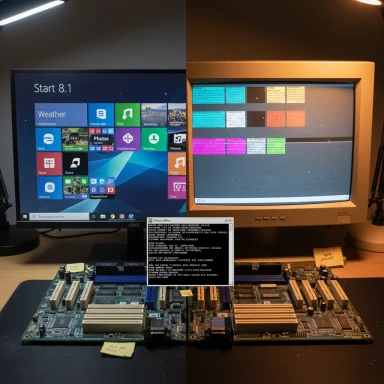 Split-screen setup: modern Windows desktop on the left and a vintage CRT with sticky notes on the right.
