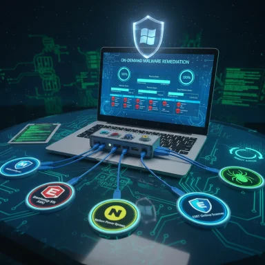 Futuristic laptop displays an on-demand malware remediation dashboard, shield emblem and glowing security icons.