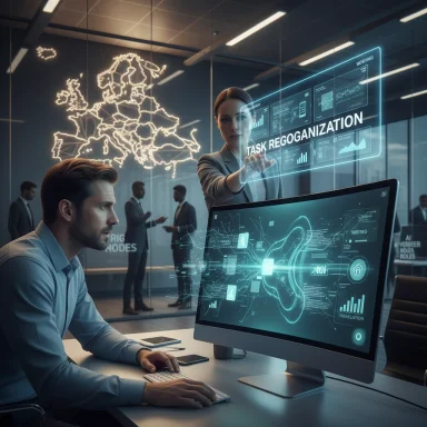 Professional uses a holographic dashboard labeled 'TASK REORGANIZATION' in a futuristic office.