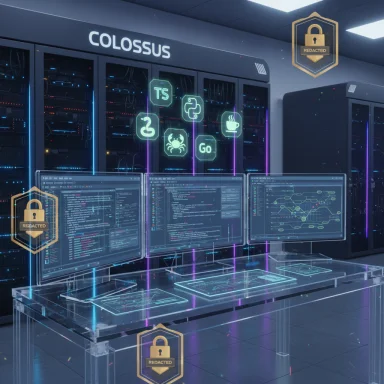 Futuristic data center with Colossus servers, neon holographic icons, and three monitor workstations.