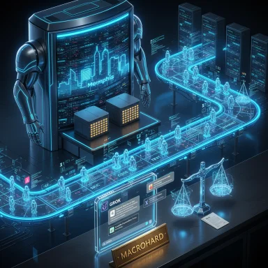 A futuristic factory where a massive robot oversees a neon-blue conveyor line of holographic workers.