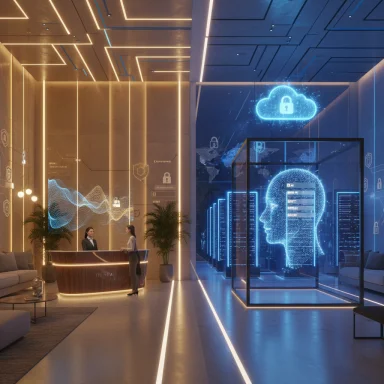 A futuristic tech lobby with neon lighting, a holographic head display, and cloud-security visuals.