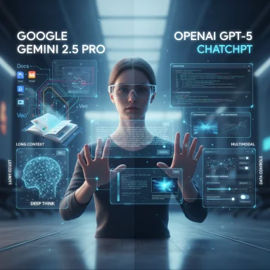 A person wearing futuristic glasses interacts with holographic AI UIs labeled Google Gemini and OpenAI GPT-5.