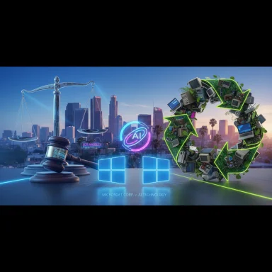 Futuristic cityscape with scales of justice, a gavel, AI logo, Windows icons, and a neon tech recycling ring.