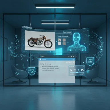 Futuristic glass-walled room with holographic AI screens displaying a motorcycle and a digital avatar.