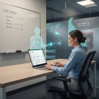 A professional woman works with holographic data displays at a modern office desk.
