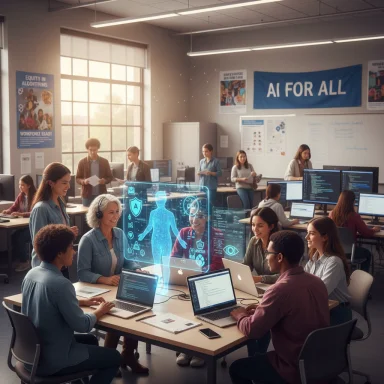 Students at a computer lab gather around laptops as a holographic AI interface floats above the table.