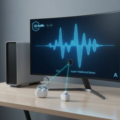 A curved monitor displays a neon waveform as wireless earbuds rest in their charging cases on a wooden desk.