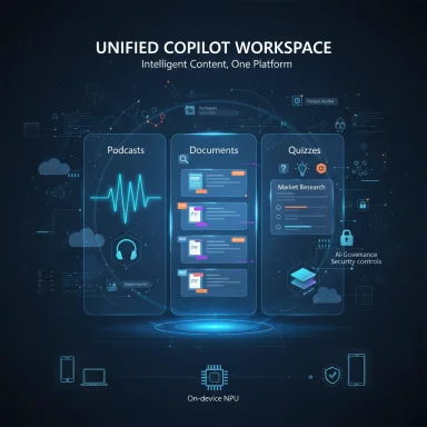 Futuristic dashboard of a unified Copilot workspace with podcasts, documents, and quizzes on a blue holographic interface.