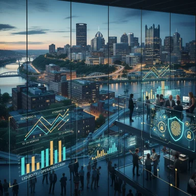Executives in a glass-walled conference room analyze data dashboards over a city skyline.