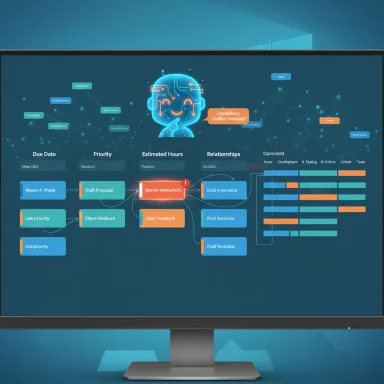 Blue-toned project dashboard on a monitor, featuring a brain icon and a server migration flow.