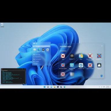 Windows 11 desktop with a floating 'Installed apps' panel over a blue abstract wallpaper.